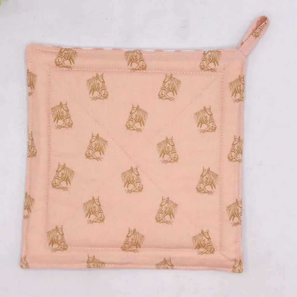 2 Square Potholders, Pink Pony Horse Head Cottage Core Kitchen 7x7 Inches